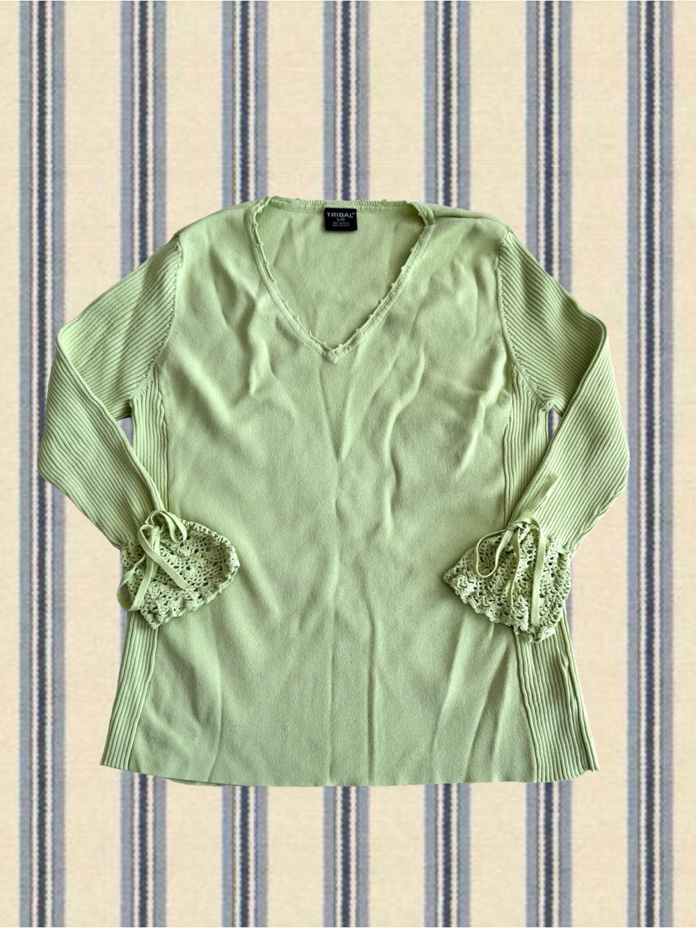 Tribal Pastel Green V-Neck Knit Top with Crochet Bell Cuffs
